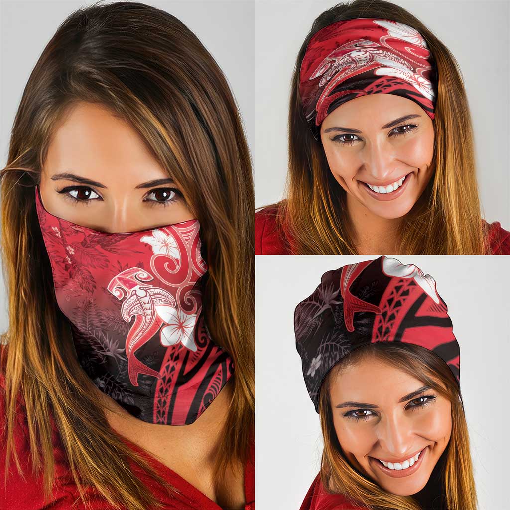 Polynesia Hammerhead Shark Neck Gaiter Red Tribal Pattern With Plumeria LT05 - Polynesian Pride