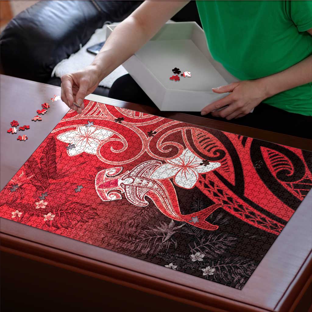 Polynesia Hammerhead Shark Puzzle Red Tribal Pattern With Plumeria LT05 - Polynesian Pride
