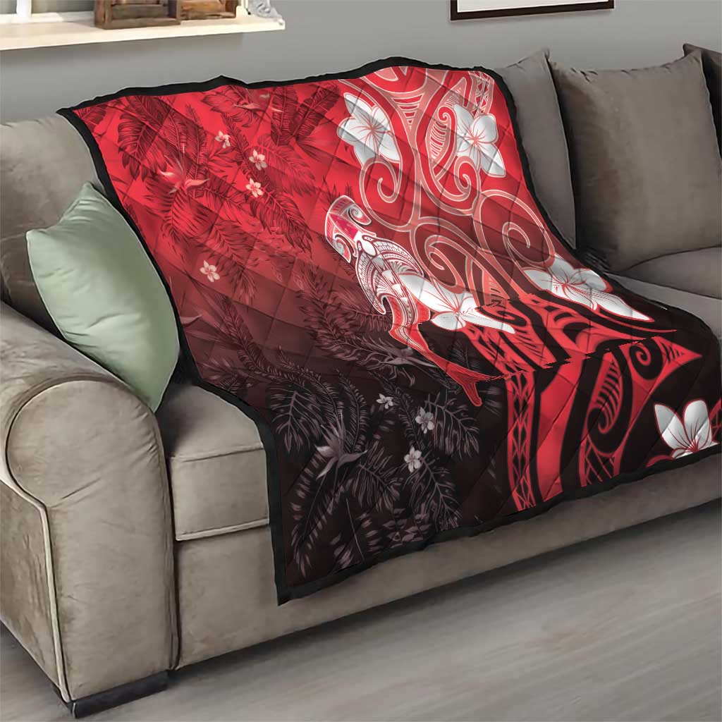 Polynesia Hammerhead Shark Quilt Red Tribal Pattern With Plumeria LT05 - Polynesian Pride