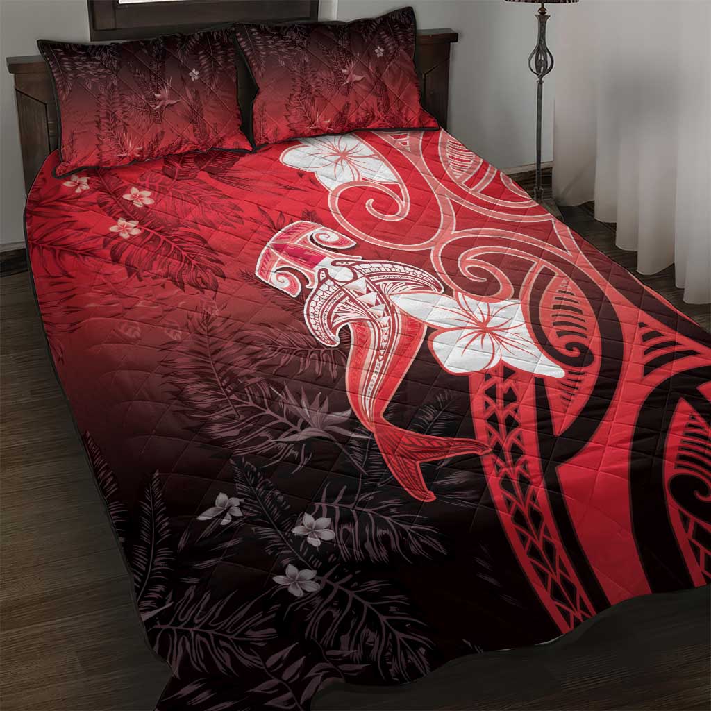 Polynesia Hammerhead Shark Quilt Bed Set Red Tribal Pattern With Plumeria - Polynesian Pride