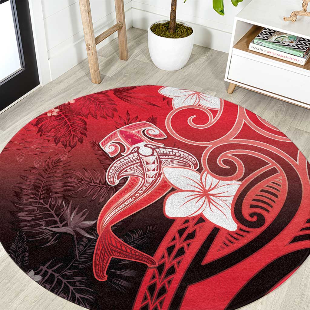 Polynesia Hammerhead Shark Round Carpet Red Tribal Pattern With Plumeria LT05 Red - Polynesian Pride