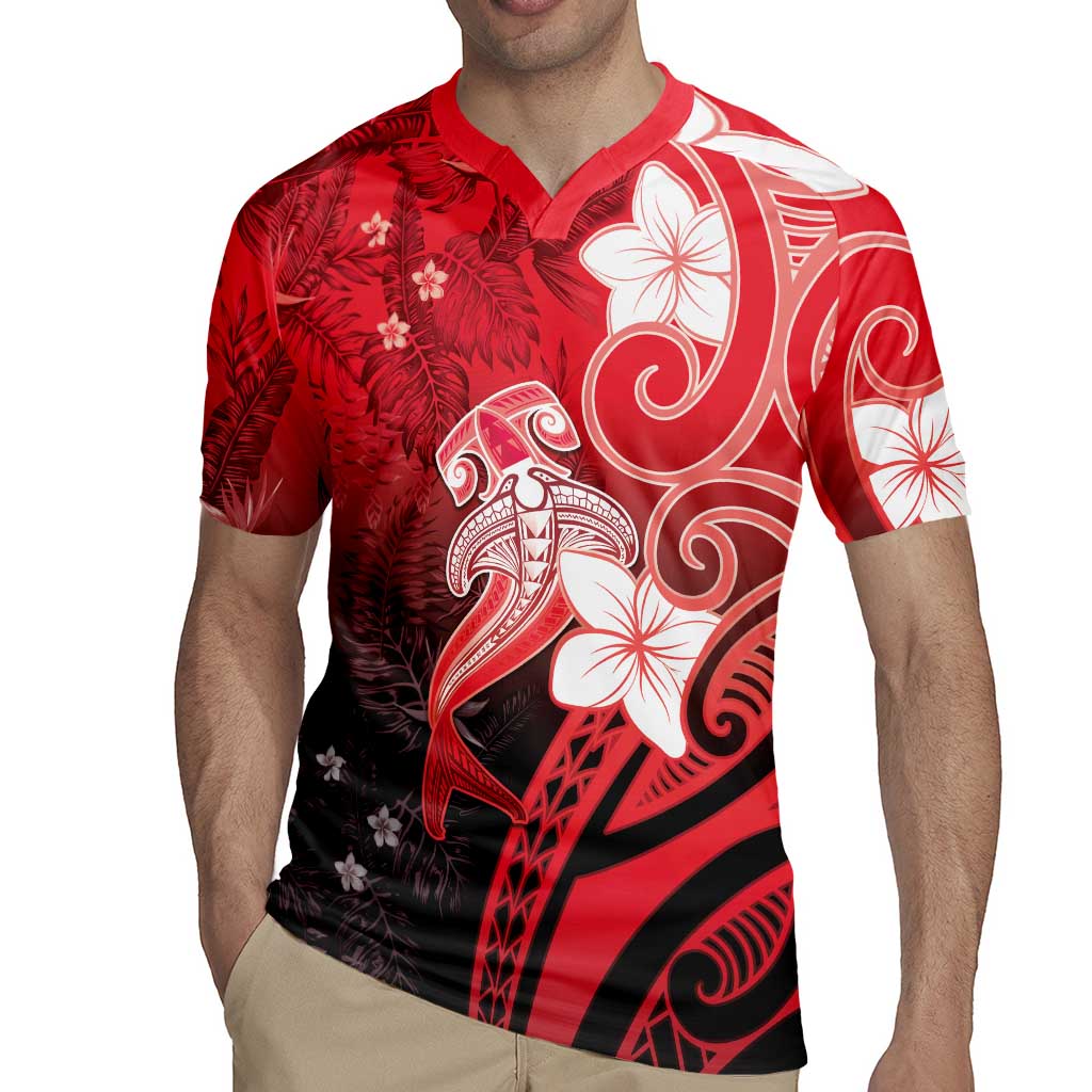 Polynesia Hammerhead Shark Rugby Jersey Red Tribal Pattern With Plumeria LT05 - Polynesian Pride