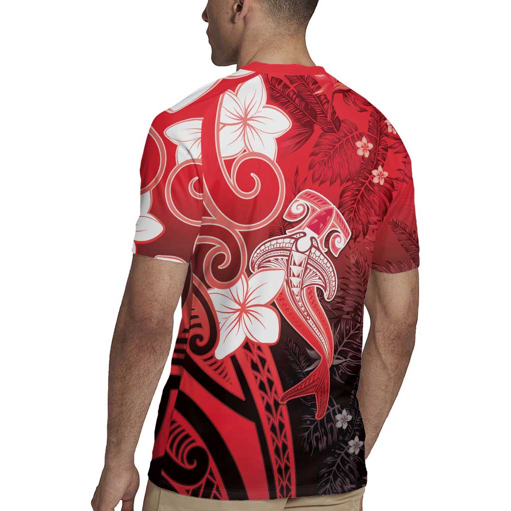 Polynesia Hammerhead Shark Rugby Jersey Red Tribal Pattern With Plumeria LT05 - Polynesian Pride