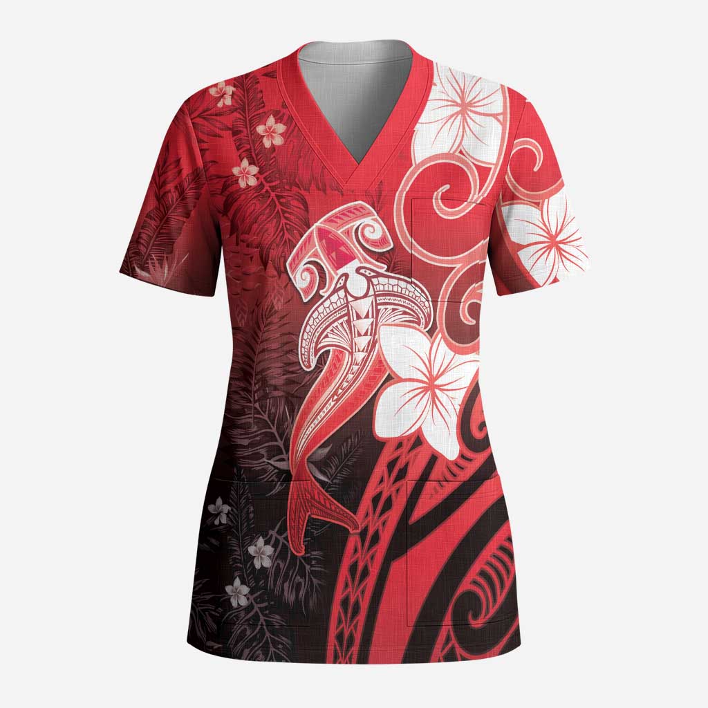 Polynesia Hammerhead Shark Scrub Top Red Tribal Pattern With Plumeria LT05 Adult Red - Polynesian Pride