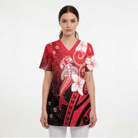 Polynesia Hammerhead Shark Scrub Top Red Tribal Pattern With Plumeria LT05 - Polynesian Pride