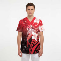 Polynesia Hammerhead Shark Scrub Top Red Tribal Pattern With Plumeria LT05 - Polynesian Pride