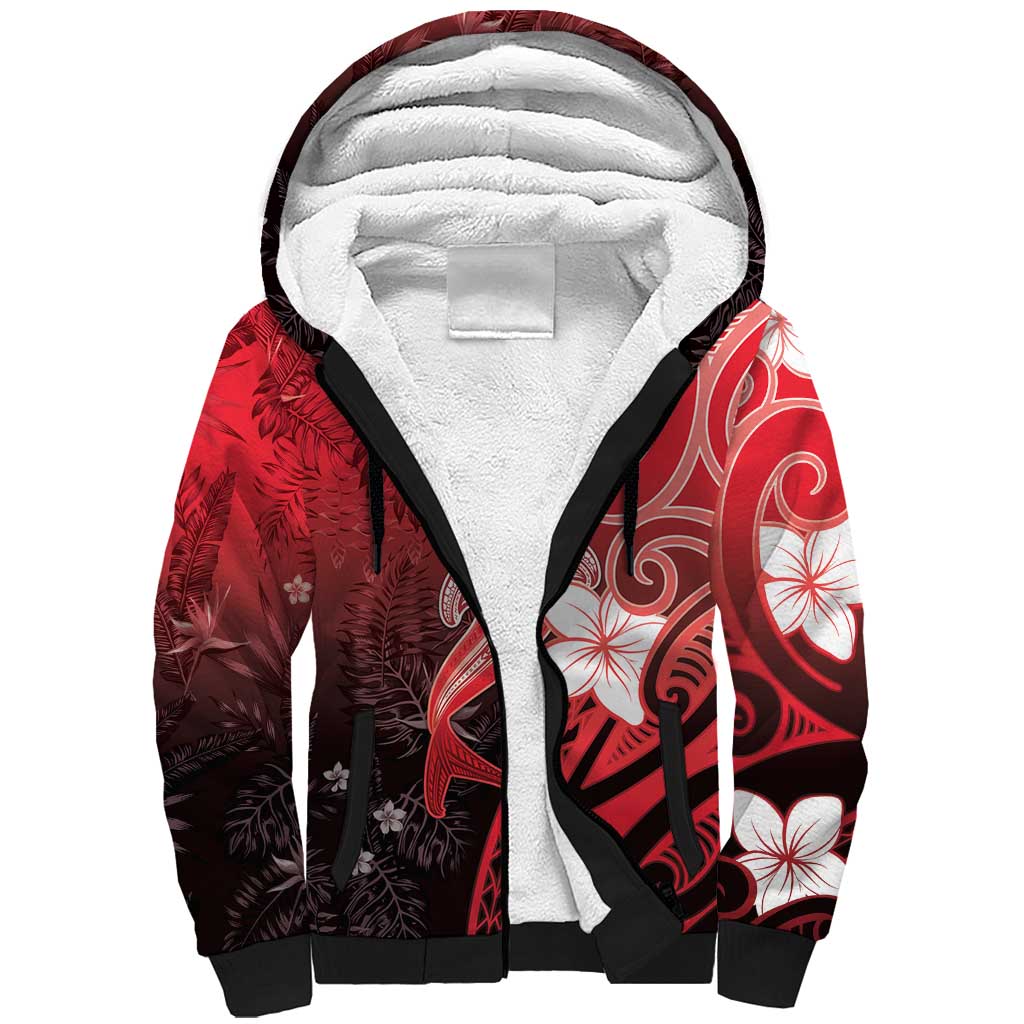 Polynesia Hammerhead Shark Sherpa Hoodie Red Tribal Pattern With Plumeria LT05 Unisex Red - Polynesian Pride