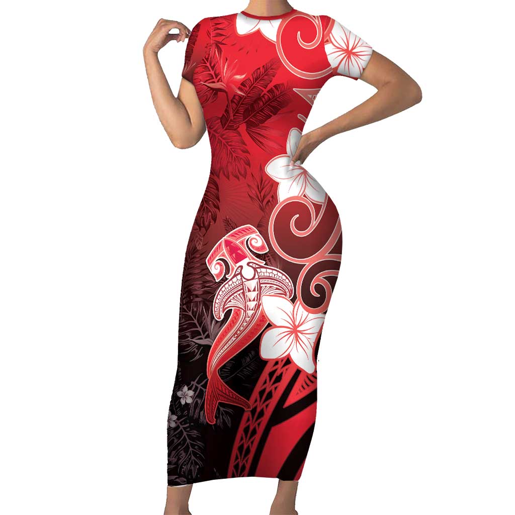 Polynesia Hammerhead Shark Short Sleeve Bodycon Dress Red Tribal Pattern With Plumeria - Polynesian Pride