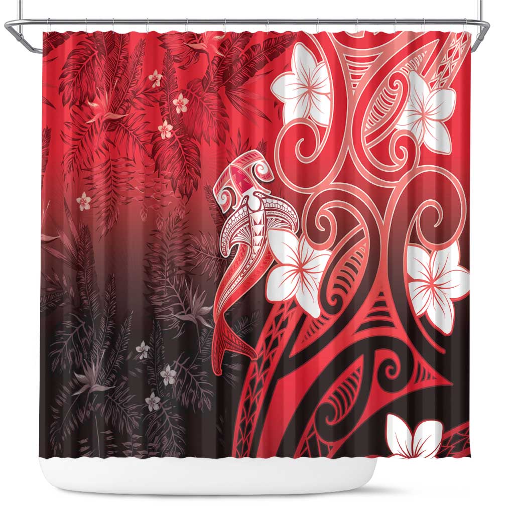 Polynesia Hammerhead Shark Shower Curtain Red Tribal Pattern With Plumeria LT05 Red - Polynesian Pride