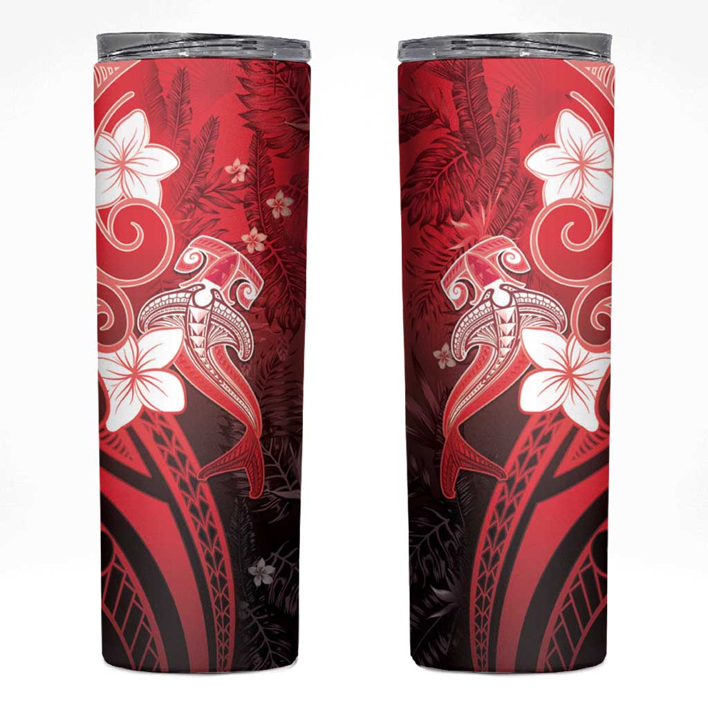 Polynesia Hammerhead Shark Skinny Tumbler Red Tribal Pattern With Plumeria - Polynesian Pride