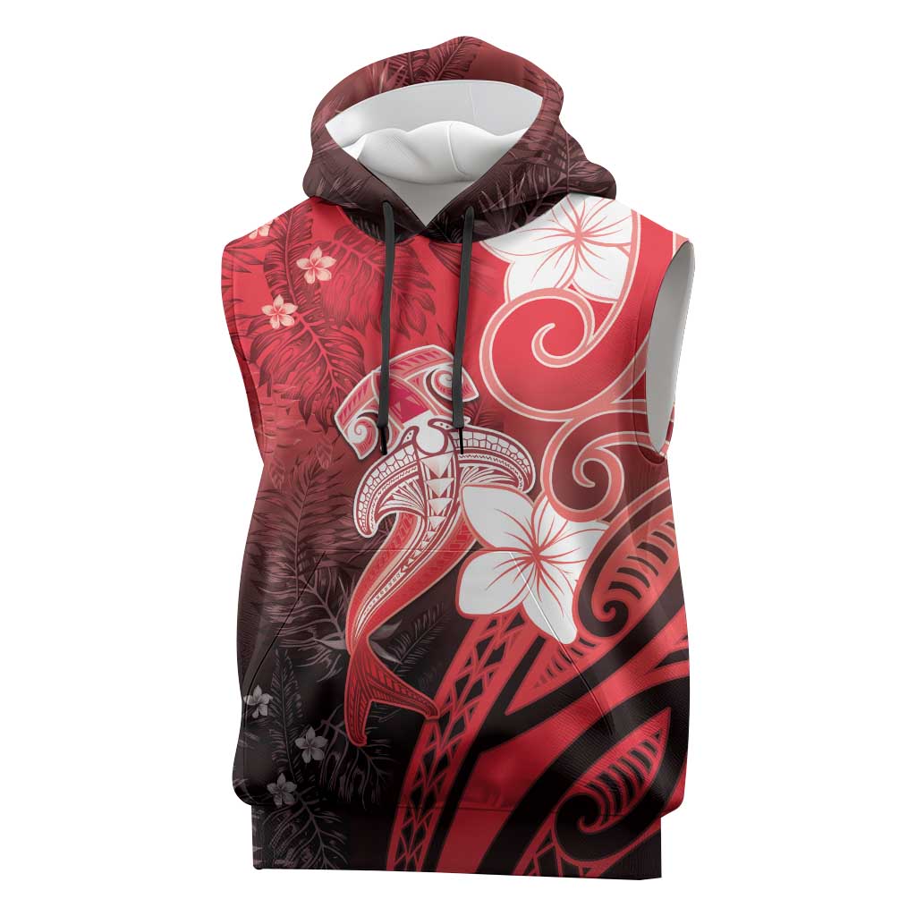 Polynesia Hammerhead Shark Sleeveless Hoodie Red Tribal Pattern With Plumeria LT05 Red - Polynesian Pride