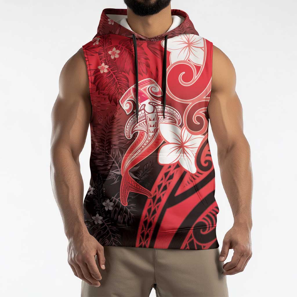 Polynesia Hammerhead Shark Sleeveless Hoodie Red Tribal Pattern With Plumeria - Polynesian Pride
