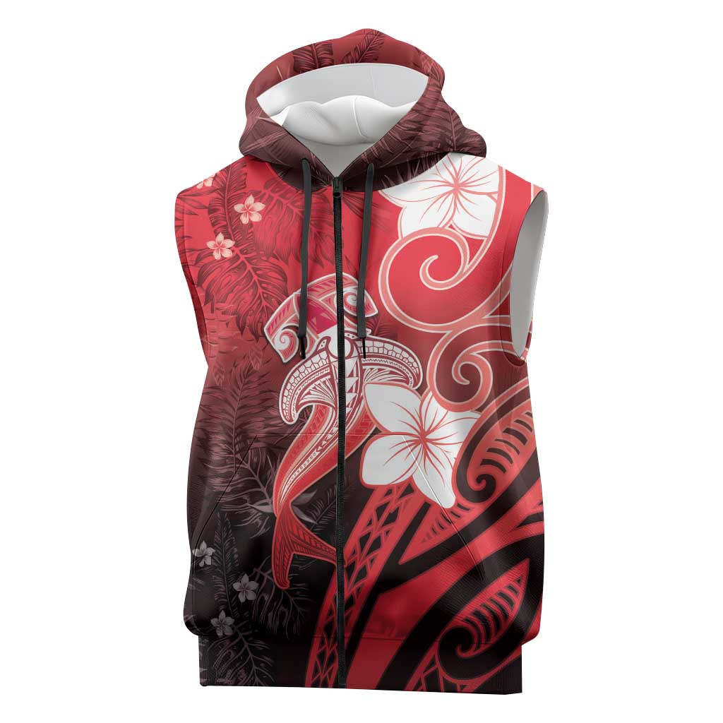 Polynesia Hammerhead Shark Sleeveless Zip Hoodie Red Tribal Pattern With Plumeria LT05 Red - Polynesian Pride