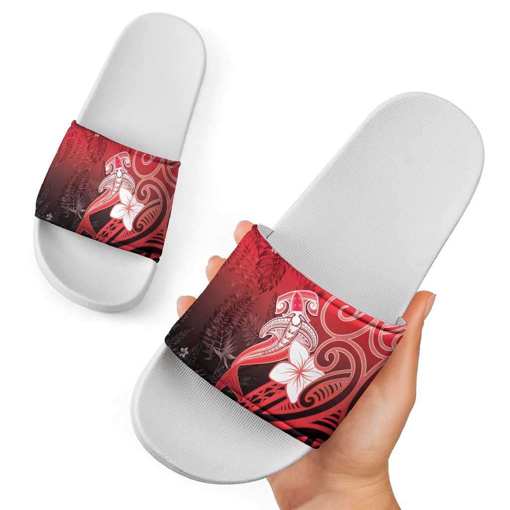 Polynesia Hammerhead Shark Slide Sandals Red Tribal Pattern With Plumeria LT05 - Polynesian Pride