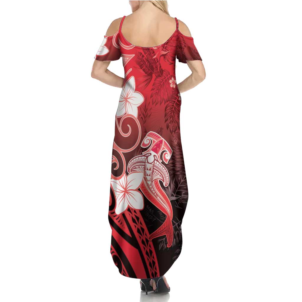 Polynesia Hammerhead Shark Summer Maxi Dress Red Tribal Pattern With Plumeria LT05 - Polynesian Pride
