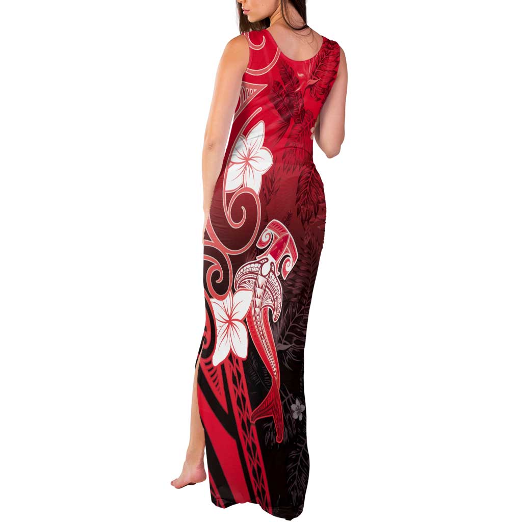 Polynesia Hammerhead Shark Tank Maxi Dress Red Tribal Pattern With Plumeria LT05 - Polynesian Pride