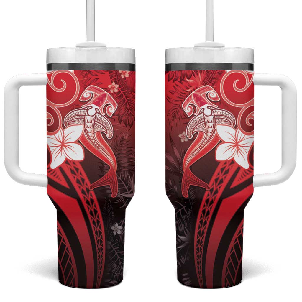 Polynesia Hammerhead Shark Tumbler With Handle Red Tribal Pattern With Plumeria LT05 One Size: 40 oz Red - Polynesian Pride