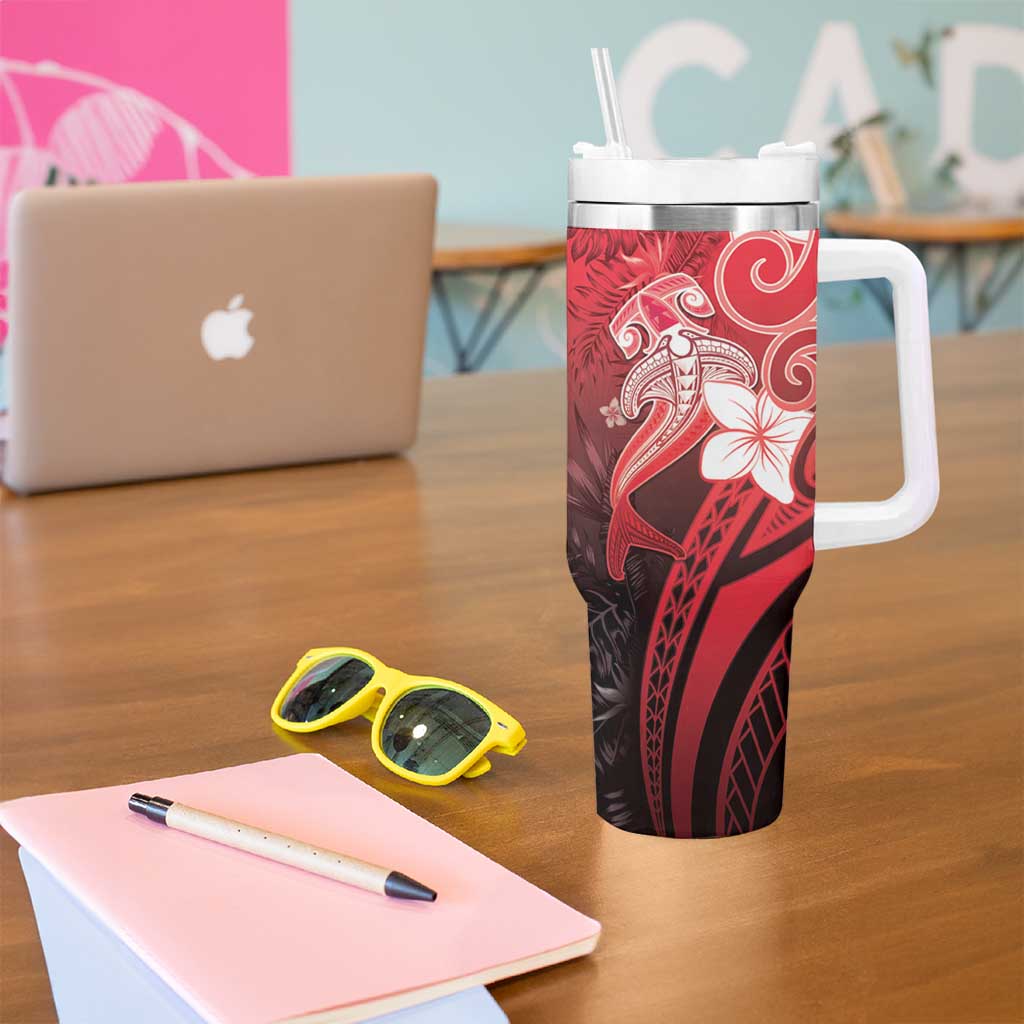 Polynesia Hammerhead Shark Tumbler With Handle Red Tribal Pattern With Plumeria LT05 - Polynesian Pride