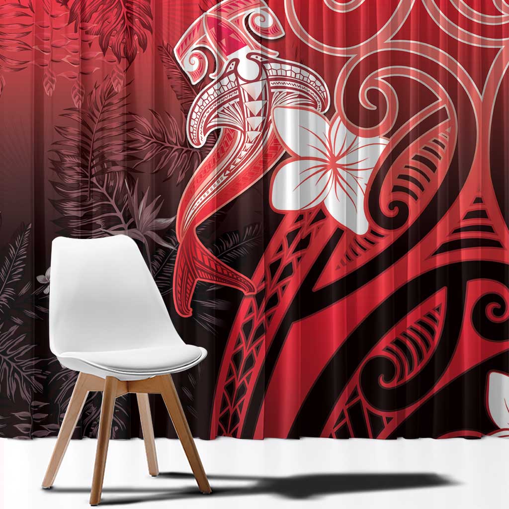Polynesia Hammerhead Shark Window Curtain Red Tribal Pattern With Plumeria LT05 - Polynesian Pride