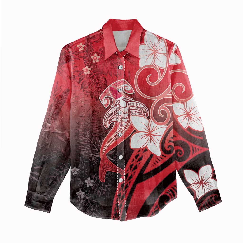Polynesia Hammerhead Shark Women Casual Shirt Red Tribal Pattern With Plumeria LT05 - Polynesian Pride