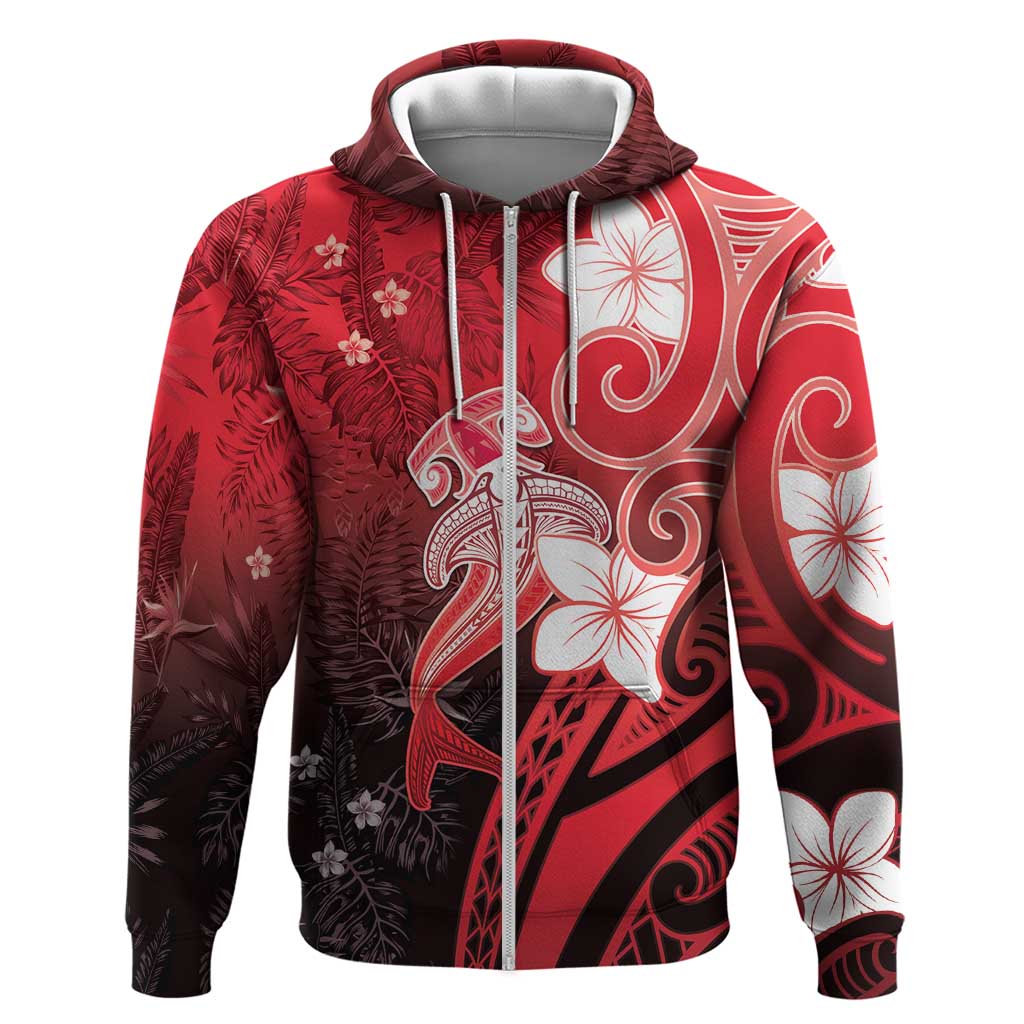 Polynesia Hammerhead Shark Zip Hoodie Red Tribal Pattern With Plumeria LT05 Zip Hoodie Red - Polynesian Pride
