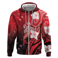 Polynesia Hammerhead Shark Zip Hoodie Red Tribal Pattern With Plumeria LT05 Zip Hoodie Red - Polynesian Pride