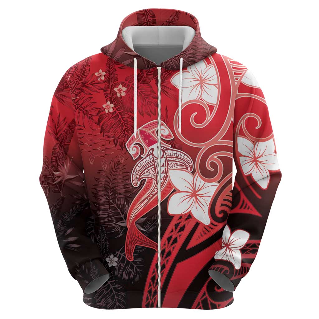 Polynesia Hammerhead Shark Zip Hoodie Red Tribal Pattern With Plumeria LT05 - Polynesian Pride