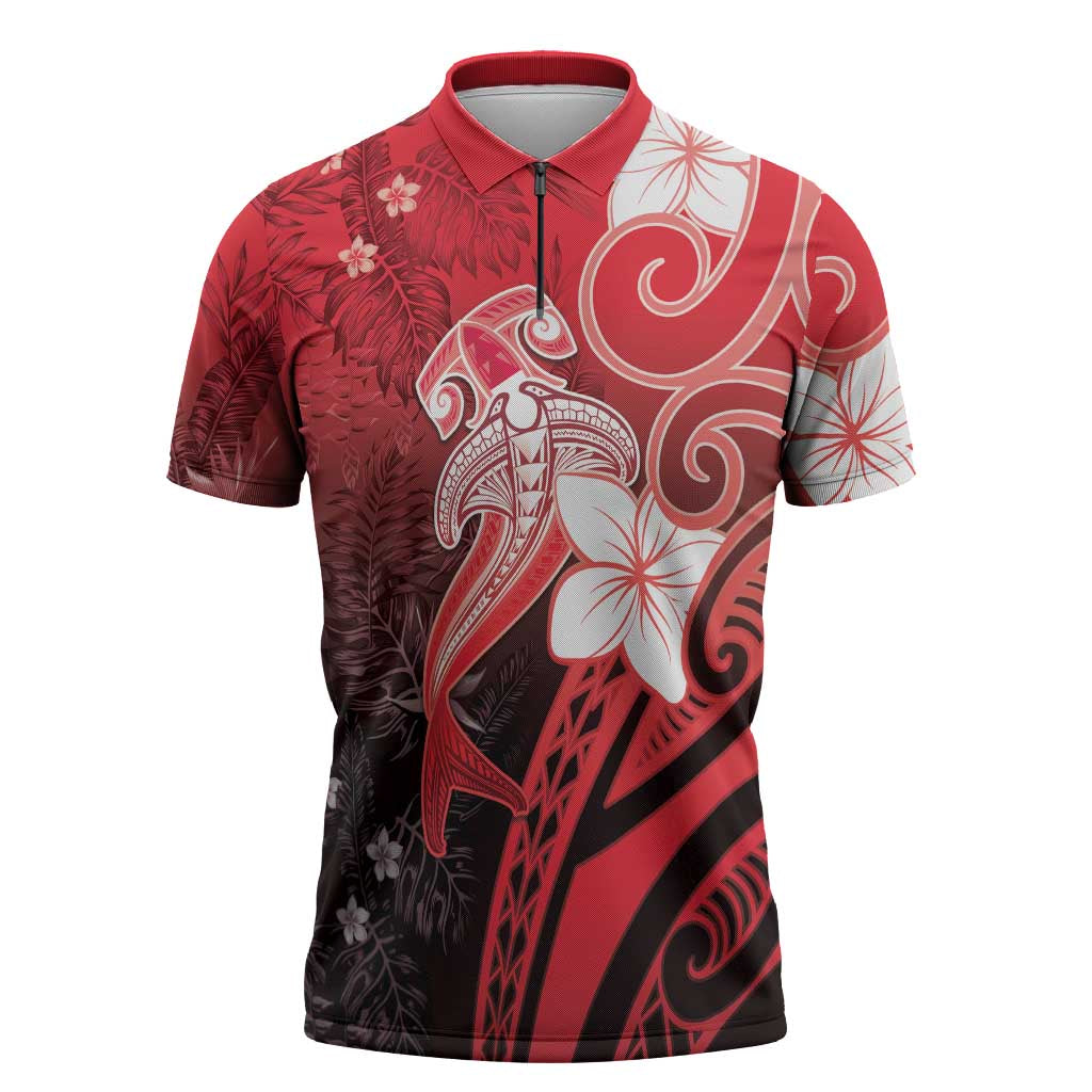 Polynesia Hammerhead Shark Zipper Polo Shirt Red Tribal Pattern With Plumeria LT05 Red - Polynesian Pride