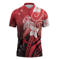 Polynesia Hammerhead Shark Zipper Polo Shirt Red Tribal Pattern With Plumeria LT05 Red - Polynesian Pride