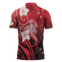 Polynesia Hammerhead Shark Zipper Polo Shirt Red Tribal Pattern With Plumeria LT05 - Polynesian Pride