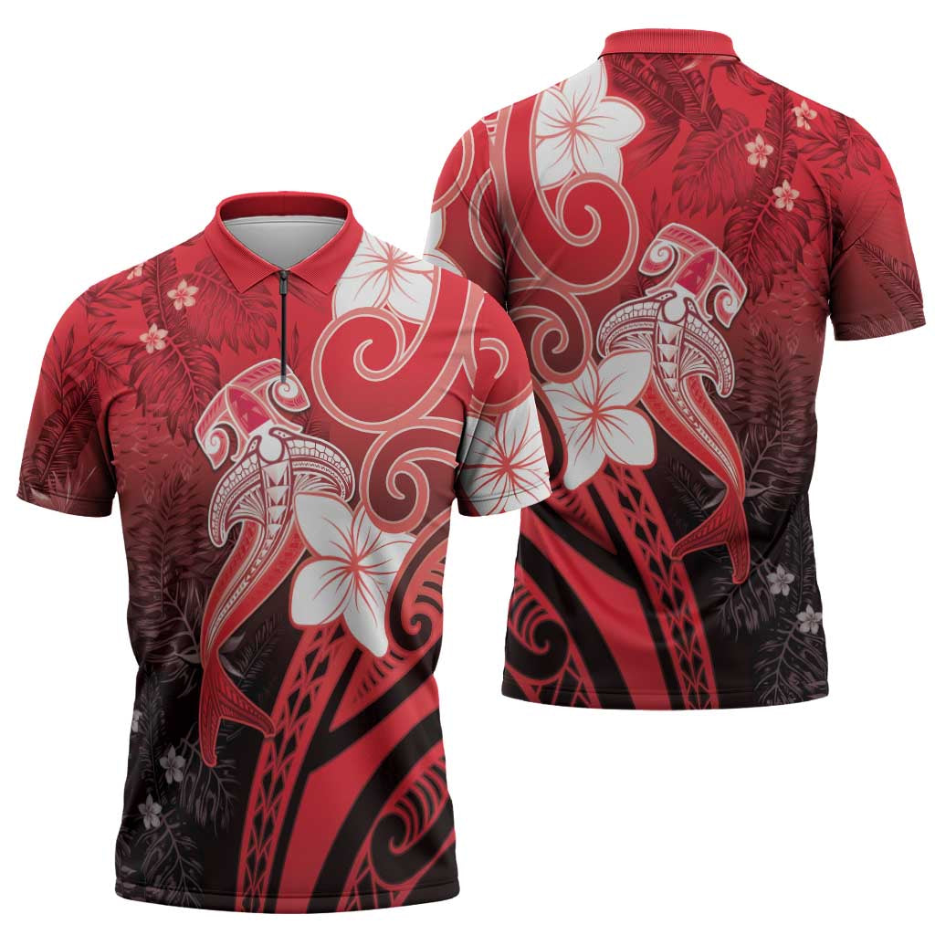 Polynesia Hammerhead Shark Zipper Polo Shirt Red Tribal Pattern With Plumeria LT05 - Polynesian Pride