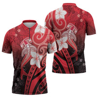 Polynesia Hammerhead Shark Zipper Polo Shirt Red Tribal Pattern With Plumeria LT05 - Polynesian Pride