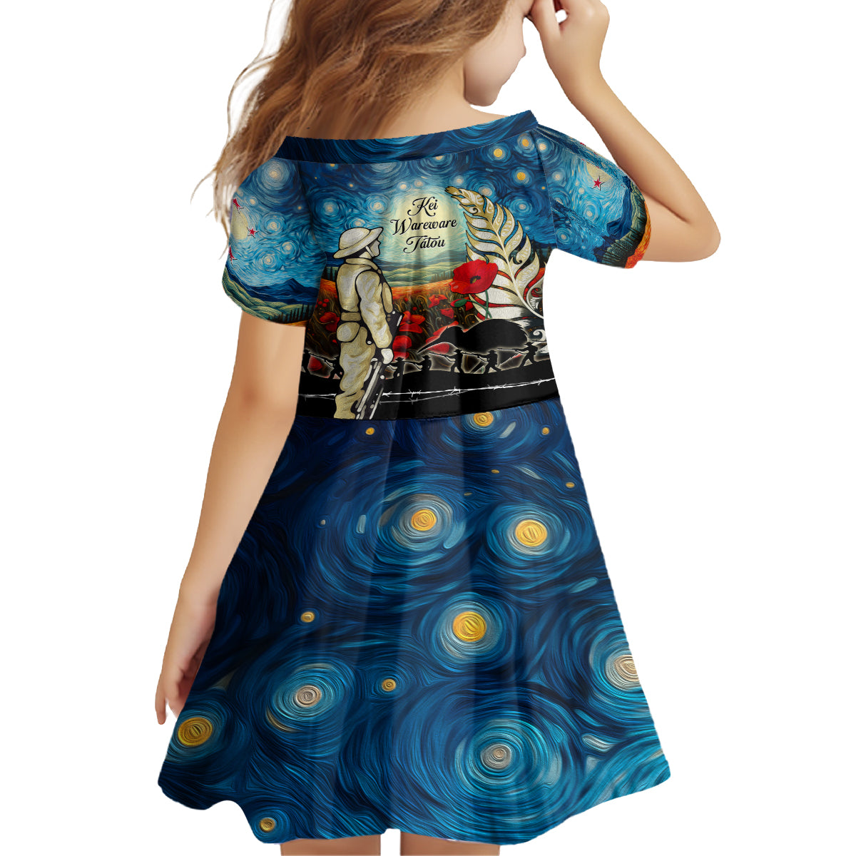 Kei Wareware Tatou New Zealand ANZAC Day Kid Short Sleeve Dress Starry Night Inspo Style LT05 - Polynesian Pride