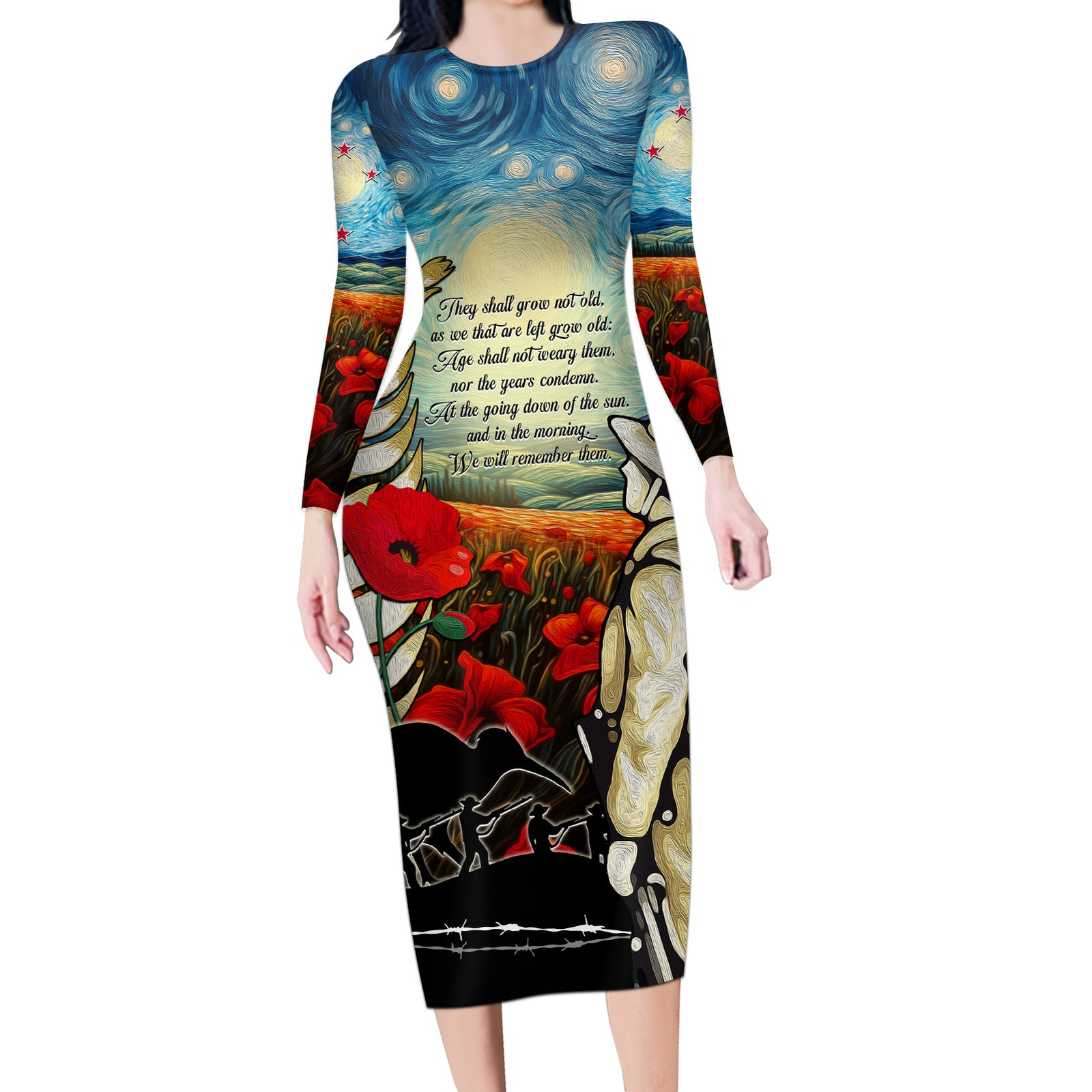 Kei Wareware Tatou New Zealand ANZAC Day Long Sleeve Bodycon Dress Starry Night Inspo Style LT05 Long Dress Blue - Polynesian Pride