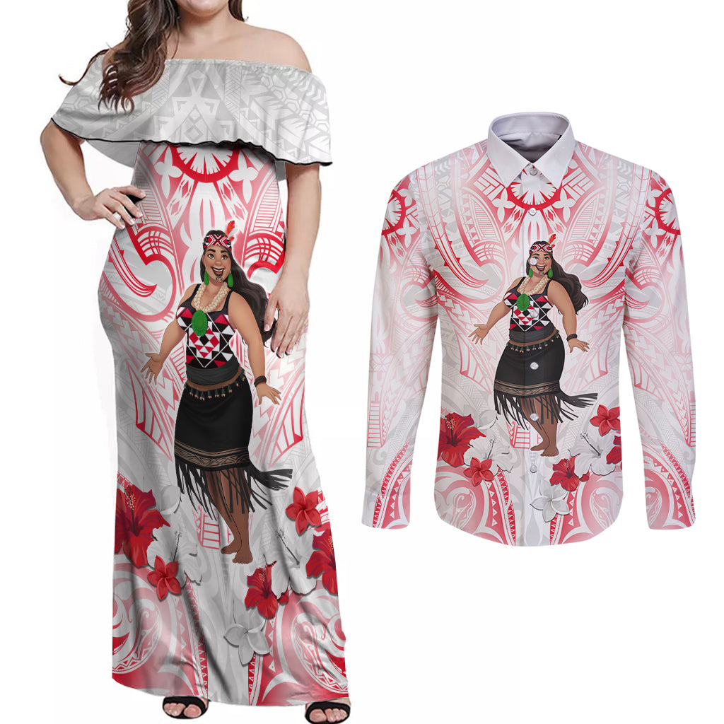 New Zealand Women's Day Couples Matching Off Shoulder Maxi Dress and Long Sleeve Button Shirt Maori Wahine Polynesian Pattern LT05 White - Polynesian Pride