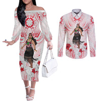 New Zealand Women's Day Couples Matching Off The Shoulder Long Sleeve Dress and Long Sleeve Button Shirt Maori Wahine Polynesian Pattern LT05 White - Polynesian Pride