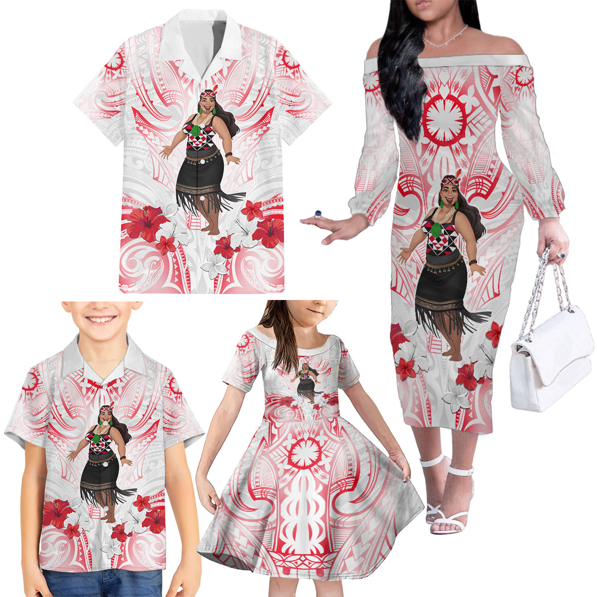 New Zealand Women's Day Family Matching Off Shoulder Long Sleeve Dress and Hawaiian Shirt Maori Wahine Polynesian Pattern LT05 - Polynesian Pride
