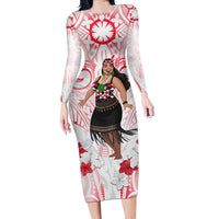 New Zealand Women's Day Long Sleeve Bodycon Dress Maori Wahine Polynesian Pattern LT05 Long Dress White - Polynesian Pride