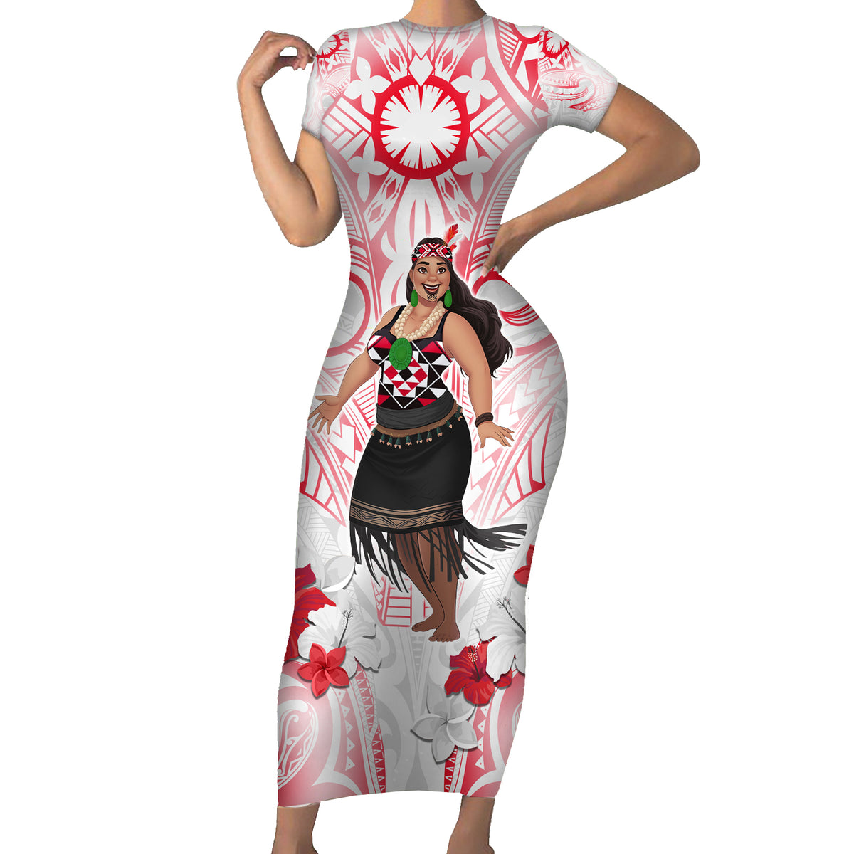 New Zealand Women's Day Short Sleeve Bodycon Dress Maori Wahine Polynesian Pattern LT05 Long Dress White - Polynesian Pride