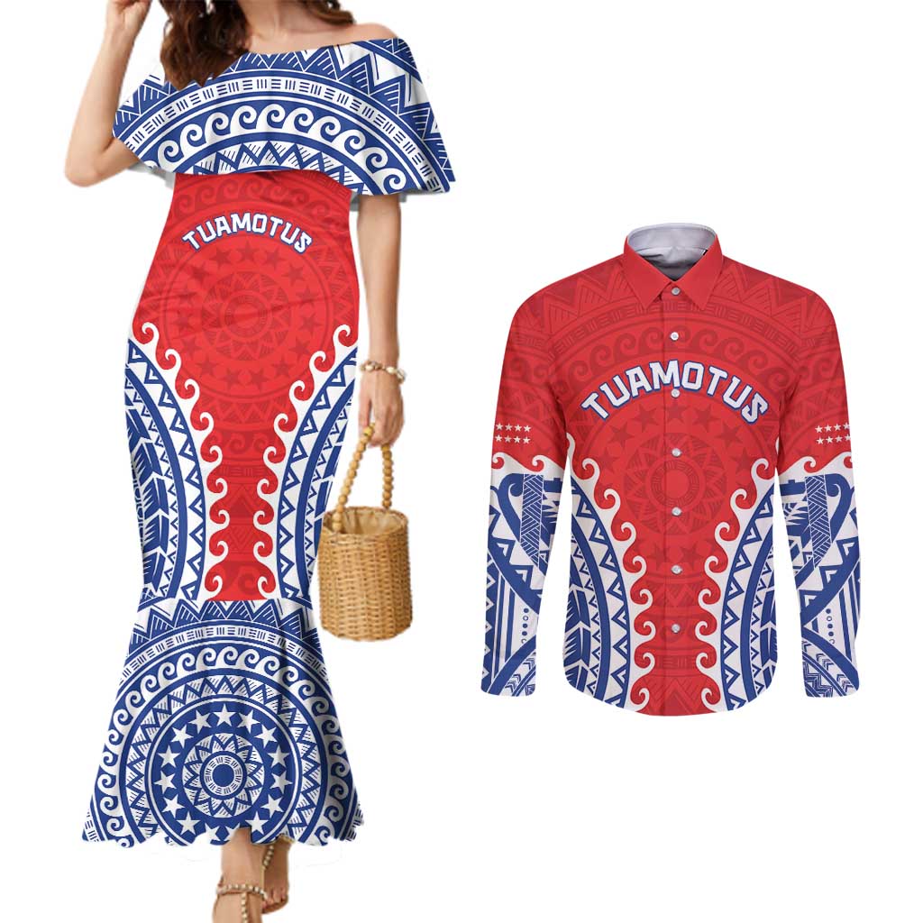 Custom Tuamotu Archipelago Couples Matching Mermaid Dress and Long Sleeve Button Shirt Polynesian Tribal Tattoo LT05 Red - Polynesian Pride