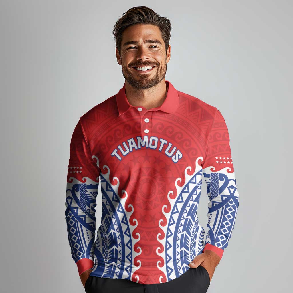 Custom Tuamotu Archipelago Long Sleeve Polo Shirt Polynesian Tribal Tattoo