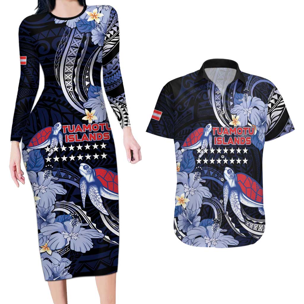 Tuamotu Islands Couples Matching Long Sleeve Bodycon Dress and Hawaiian Shirt Polynesian Pattern With Turtle