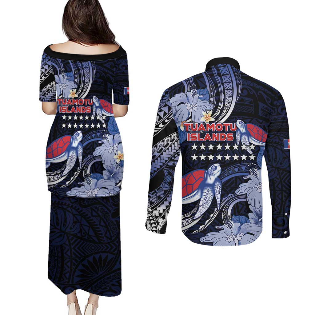 Tuamotu Islands Couples Matching Puletasi and Long Sleeve Button Shirt Polynesian Pattern With Turtle