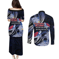 Tuamotu Islands Couples Matching Puletasi and Long Sleeve Button Shirt Polynesian Pattern With Turtle