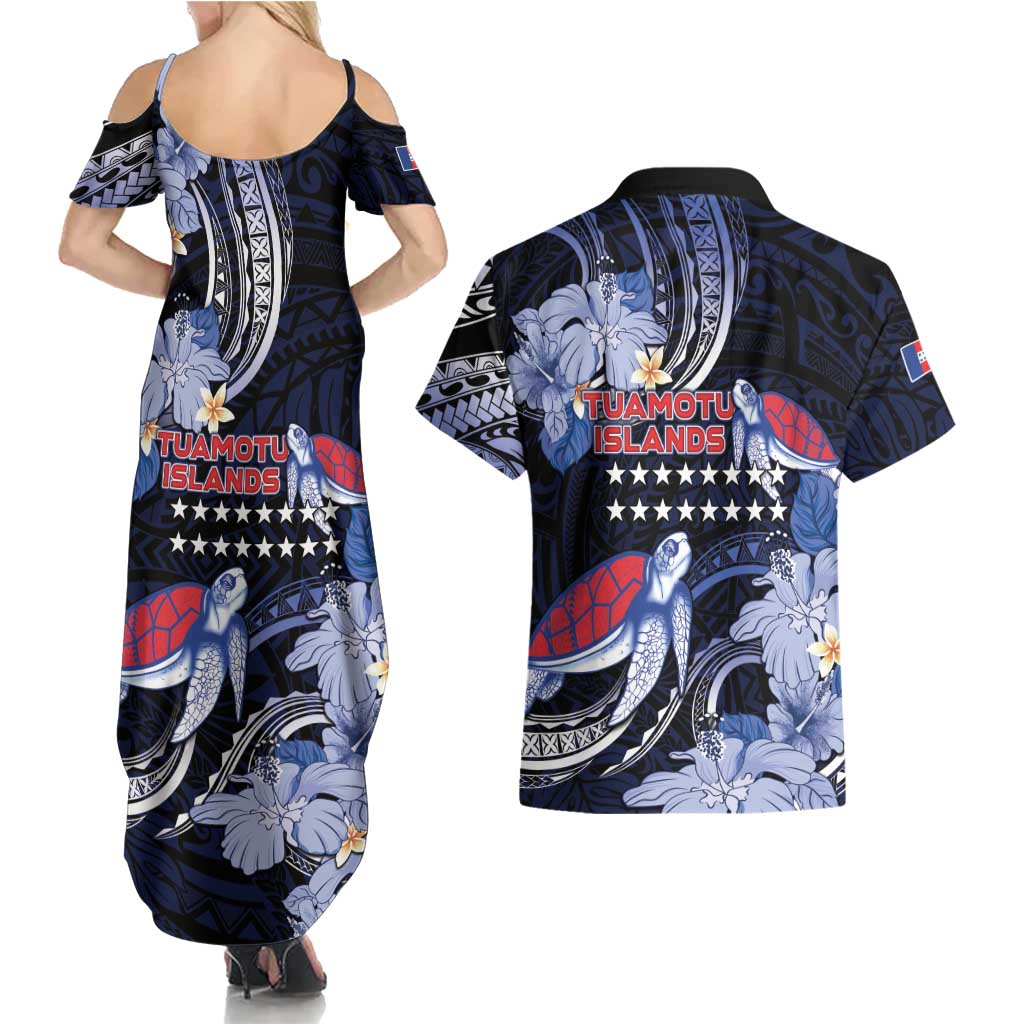 Tuamotu Islands Couples Matching Summer Maxi Dress and Hawaiian Shirt Polynesian Pattern With Turtle
