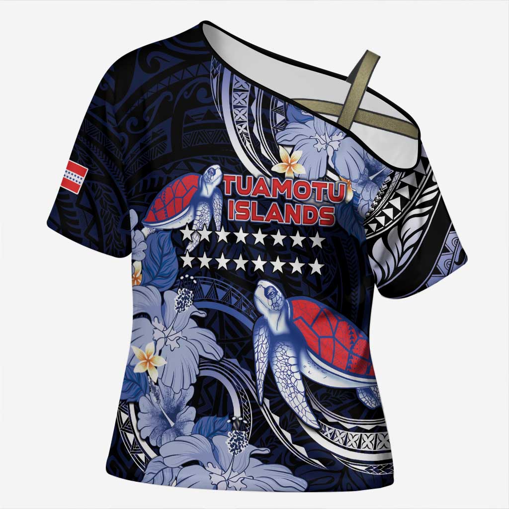 Tuamotu Islands Cross Shoulder Shirt Polynesian Pattern With Turtle LT05 Female Black - Polynesian Pride
