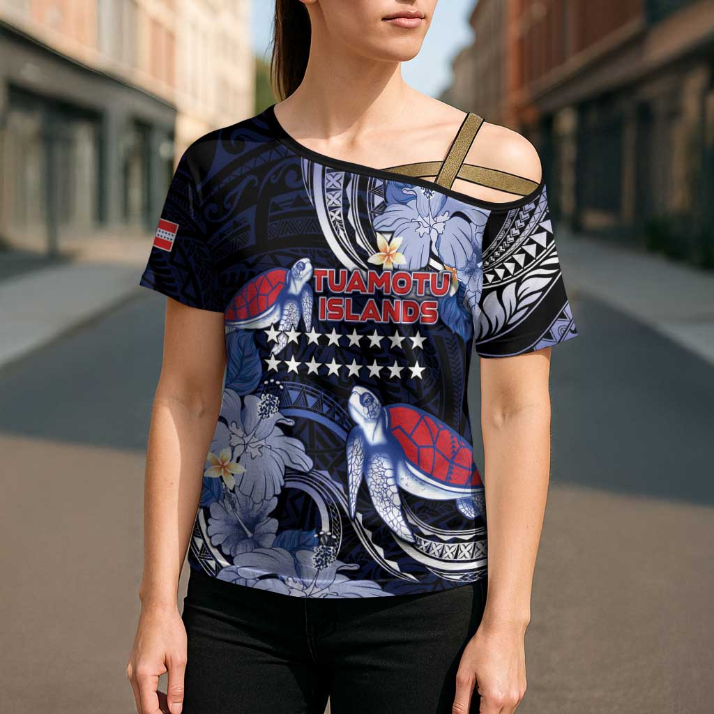 Tuamotu Islands Cross Shoulder Shirt Polynesian Pattern With Turtle LT05 - Polynesian Pride