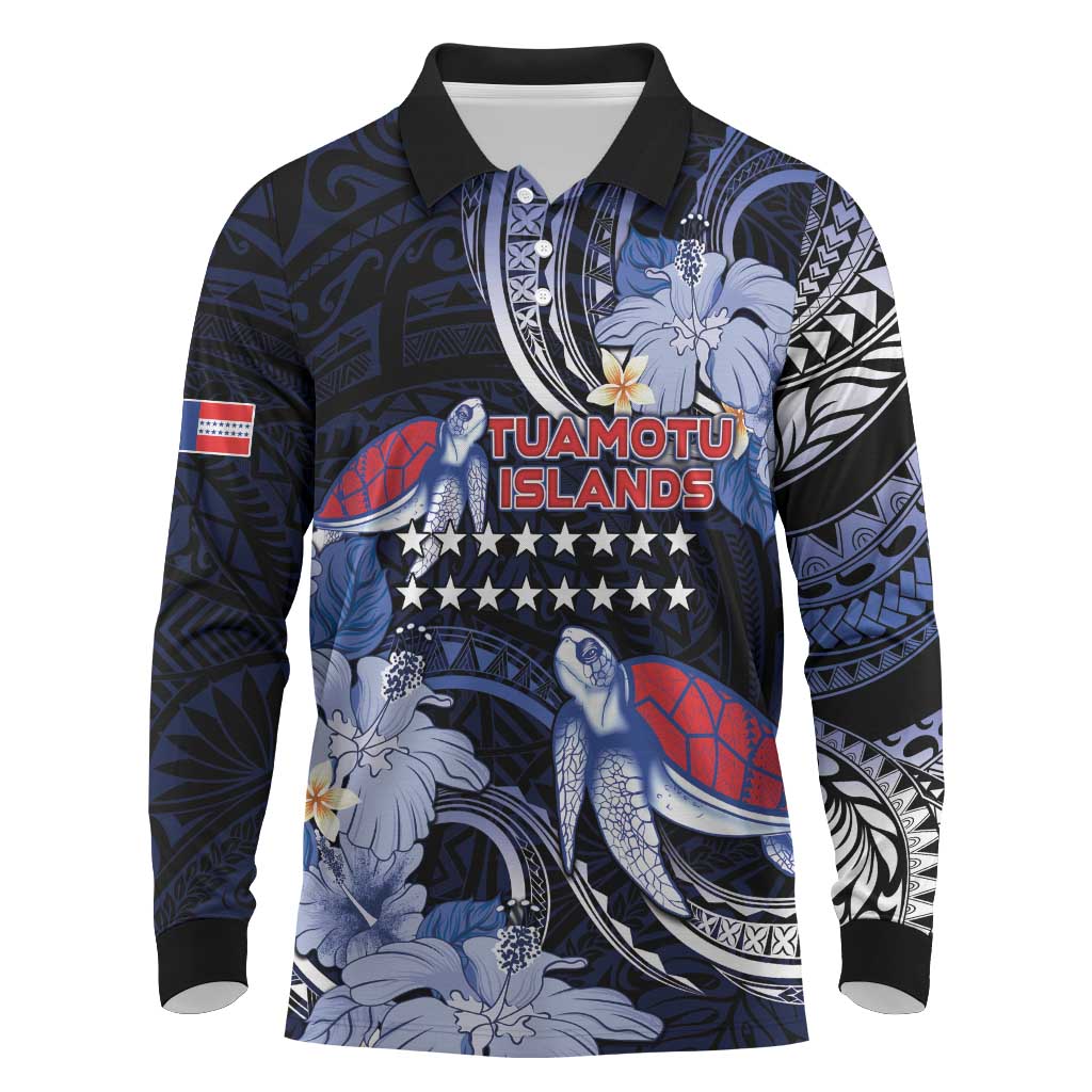 Tuamotu Islands Long Sleeve Polo Shirt Polynesian Pattern With Turtle LT05 Black - Polynesian Pride