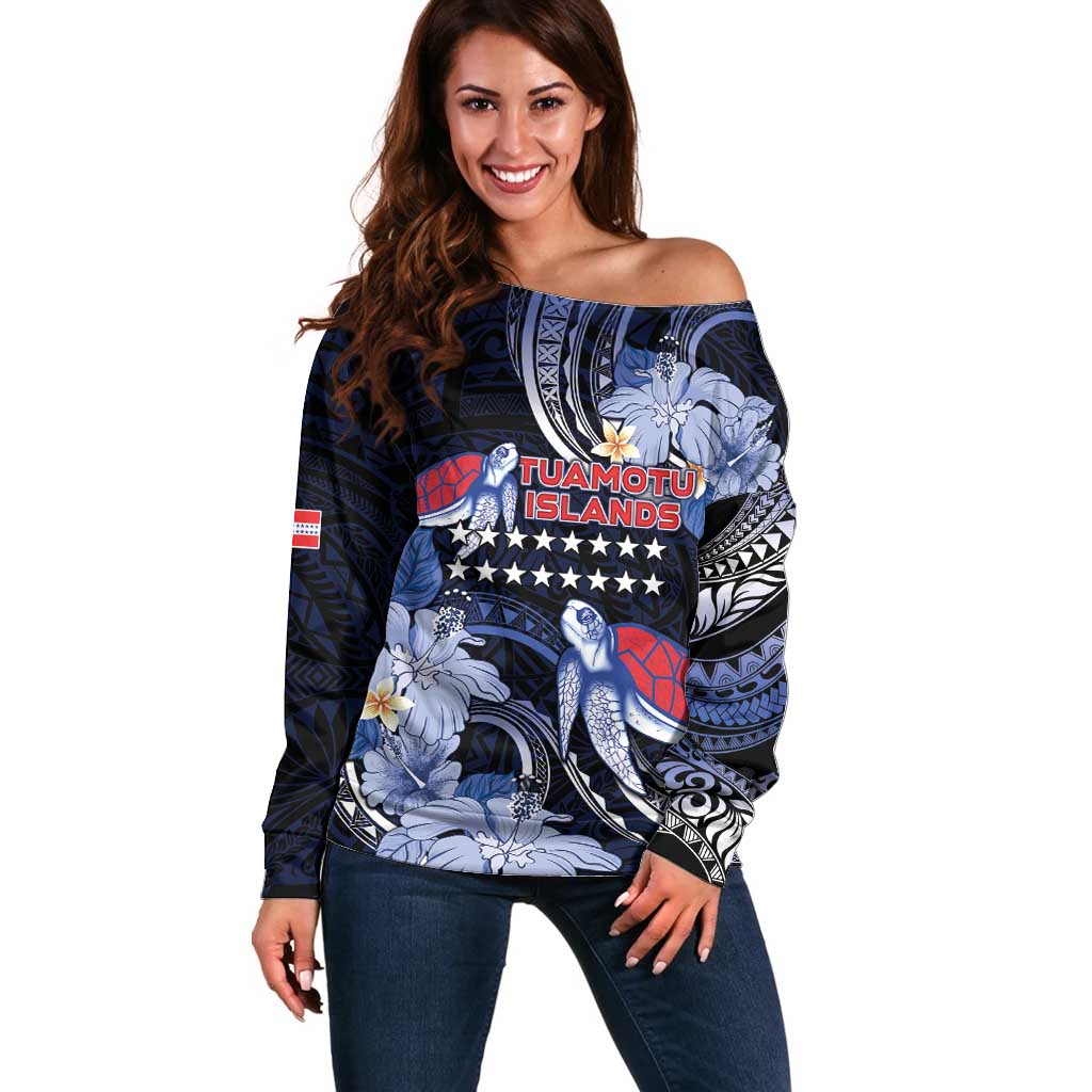 Tuamotu Islands Off Shoulder Sweater Polynesian Pattern With Turtle LT05 Women Black - Polynesian Pride