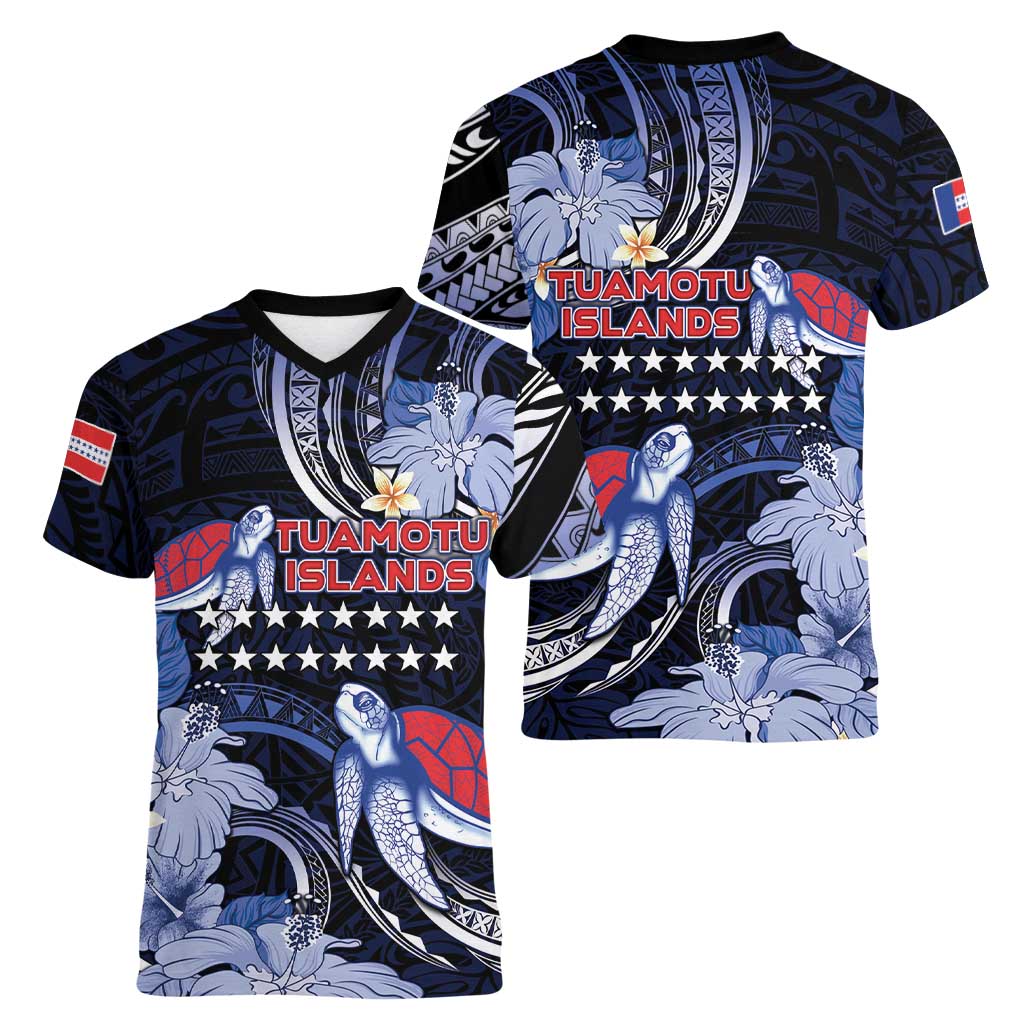 Tuamotu Islands Women V-Neck T-Shirt Polynesian Pattern With Turtle